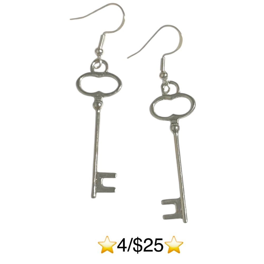 Hand Crafted Skeleton Key Charm S925 Sterling Silver Hook Dangling Earrings
